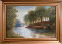 MONOGRAM SIGNED! FOREST LANDSCAPE WITH STREAM