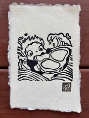 Original Ponyo 2 Linocut Hand Printed by Alannah Dyer- Mini Art 4×6 in. Ghibli