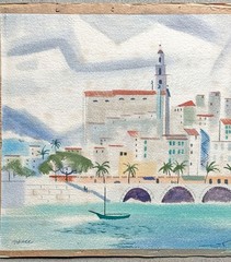 James Vance Signed Menton France Riviera Harbor Watercolor Painting 1940s