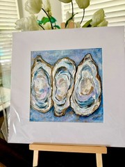 3 Oysters Coastal Beach Art Original Painting With White Mat Linda Yake 12 X 12