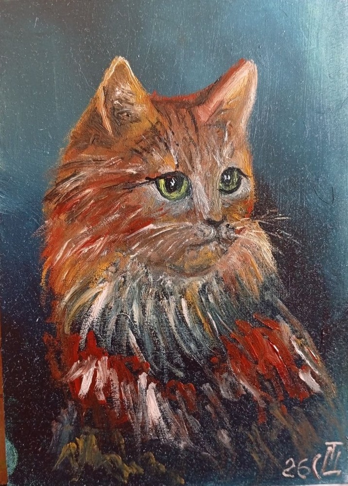 Painting „Cat“. Oil on hardboard. 5×7 inc. Handmade. 2026. Unframed.