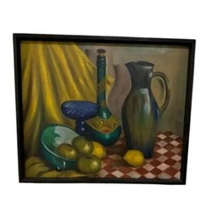 Vintage Still Life Painting – Apples, Lemons, and Decorative Bottles – Framed Oi