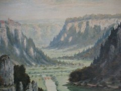 VINTAGE OIL PAINTING MOUNTAIN RANGE LANDSCAPE CASTLE VILLAGE TOWN SIGNED 1950’S