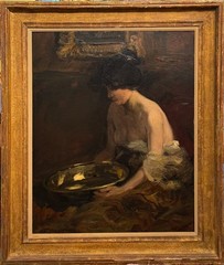 Charles P. Gruppe, „The Brass Bowl, “ Interior Figure Painting with Woman