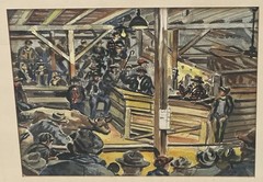 Wpa Style 1940S Original Watercolor Painting Livestock Auction By A. Campbell