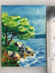 ACEO Original Painting Impressionist Landscape Tree Lake Rocks Textured OOAK