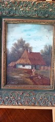 Oil Painting Art Oil on Wood Peasant Woman with Chickens 33x28cm