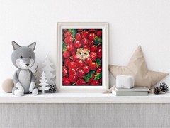 Hamster Original Art Cherry Wall Art Abstract Oil Pastels Animal Art Fruit Art