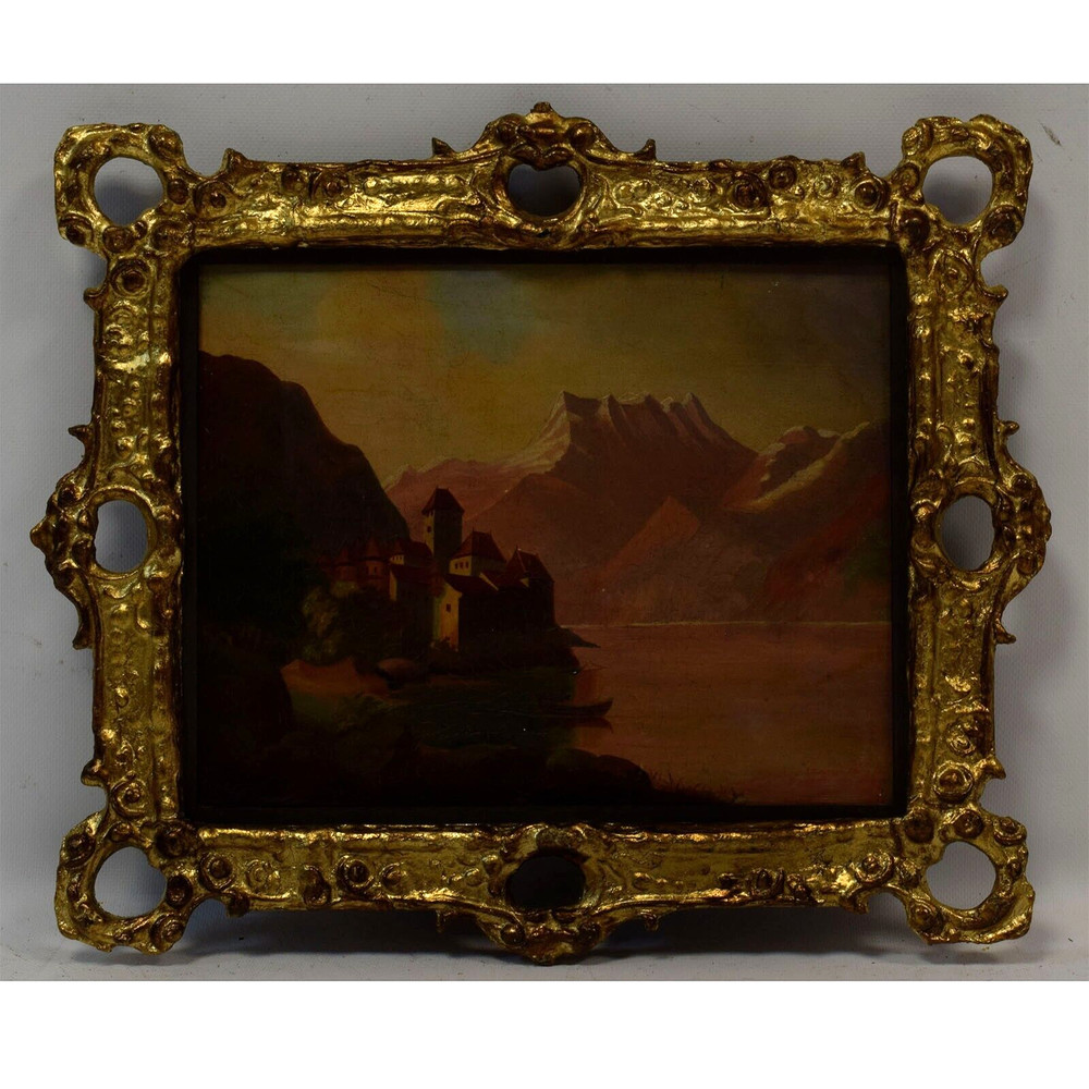 Old painting, Castle by the lake shore, oil 16.9×14.6 in