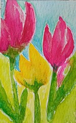 aceo original art Watercolor And Pencil Painting Of Tiny Tulips