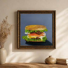 Original Oil Painting Hamburger Burger Food Art on Canvas 12×12 Inches Handmade