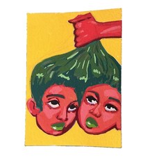 ACEO original painting red cherry girls green twins long hair fist yellow
