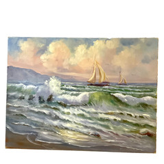 Vintage 90s ships seascape ocean hand painted original PAINTING signed waves