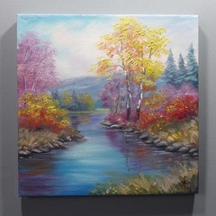 Autumn River Landscape Oil Painting Original Nature Wall Art Canvas Decor 10×10