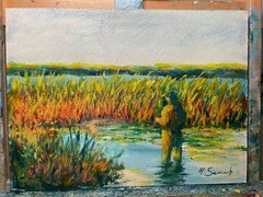 Original Oil Painting Fisherman in Marsh Wetland Landscape 12×16 Andy Semberecki
