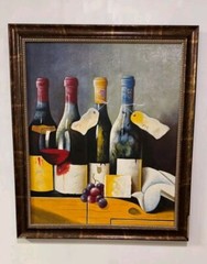 Vintage Still Life Painting – Bottles of Wine and Grapes – Framed Oil on Canvas