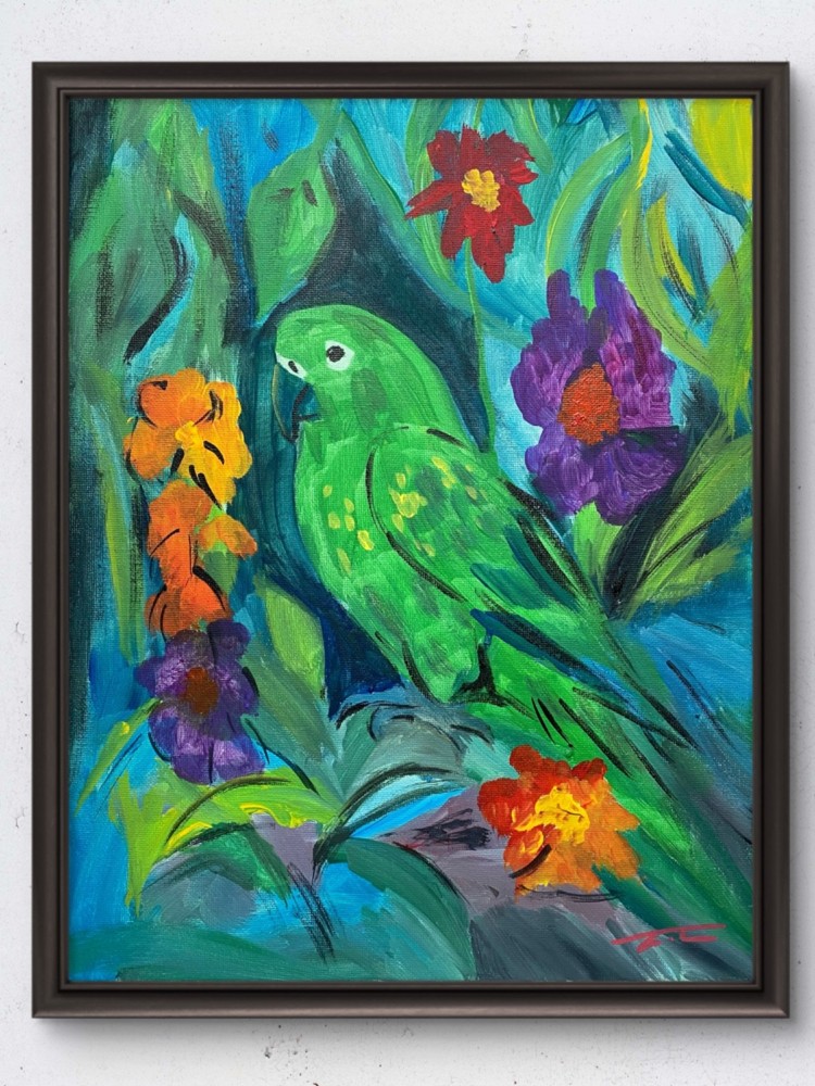 Green Parrot With Flowers Tropical Colorful Acrylic Original Art 14×11 Canvas