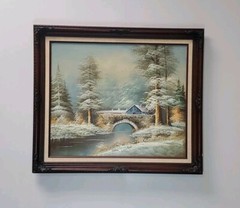 Stunning J. Collins Signed Oil on Canvas Winter painting Framed 29.5″ x 25.5″