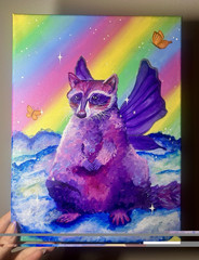 Small Unframed Fantasy Raccoon & Butterflies Canvas Painting Surrealism