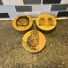 GLENDA PARKER – Owl Art – Barrel Bung Ornament, Wall – 3 Total – 1981