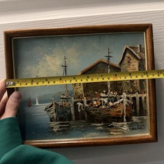 Vintage Mid Century Nautical Oil Painting Harbor Fishing Boats Harbor Scene