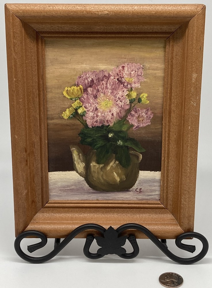 Vintage Original Still Life Floral Oil Painting on Board Artist Signed CE 5 x 7