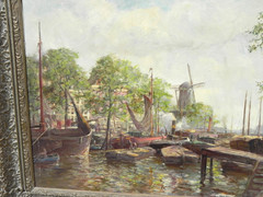 Dutch School mid 20th century impressionist painting canal scene and windmill