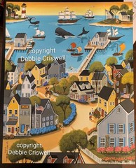 ORIGINAL PAINTING Folk Art Whales Nantucket Lighthouse Primitive Landscape Ships