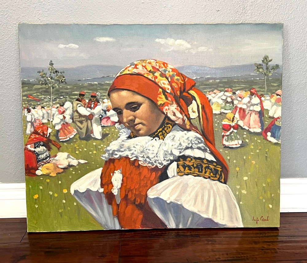 VTG Original 1950s Big Oil Painting Czech Folk Scene Signed -Style of Joza Uprka