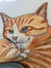 Original oil painting 11 x 14 inches orange tabby cat snuggling baby kitten