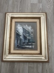 Vintage Hand-Painted European Street Scene Framed Art Christmas 1973