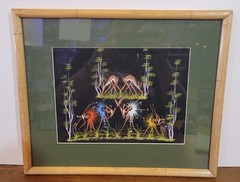 Vintage South African Tribal Gouache Original Painting Matted Bamboo Frame