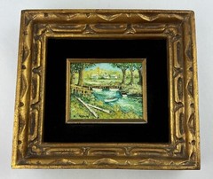 Original Oil Painting On Wood Signed L KOHN Framed Landscape Boats House Vintage