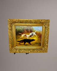 Vintage Trio Hunting Dog Oil Painting – Framed 12×14