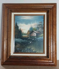 Vintage Signed Peters Oil on Canvas Painting Country Home 14x18x2 Wooden Frame