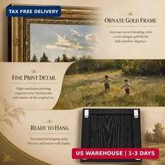 Kids in Summer Field Canvas Wall Art Vintage Gold Framed Landscape Painting 12×1