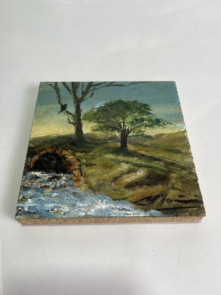 Oil on Wood Landscape Painting 14x14cm Nature Art Stream Green Original