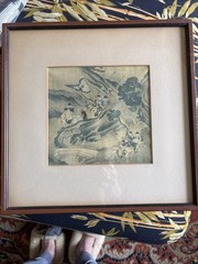 ASIAN ART PRINT Original CHINESE Green Blue Circa 1910 Genre Painting FRAMED