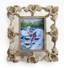 Pair of White Swans watercolor print in gold vintage style ornate frame