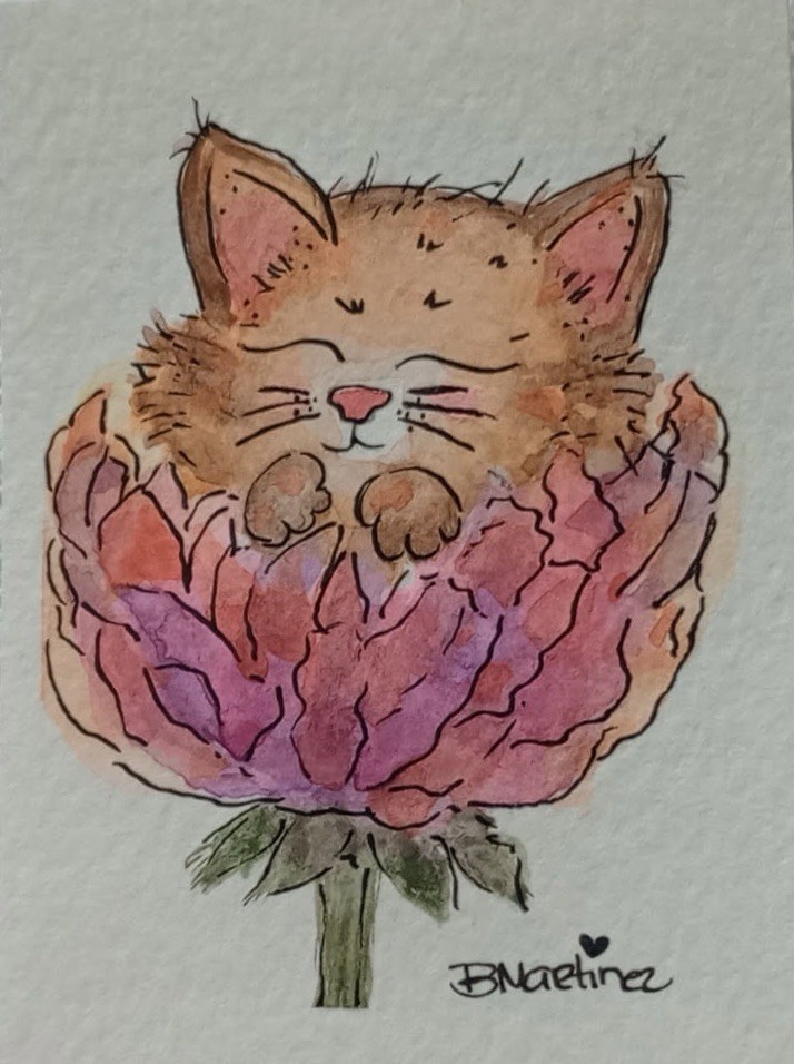 aceo original painting Cat In Pink Flower “Can You Find Me”