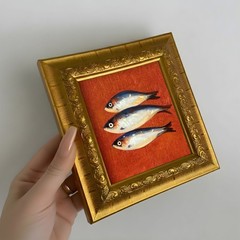 Sardines Kitchen Art, Fish Oil Painting Small Framed Original Art For Home Decor