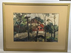 Charles Rosen; 20thC. American Watercolor „Village Bridge“ Signed and Dated ’36