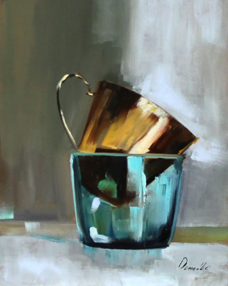 vintage cups gold AND MULTICOLOR Still Life Oil painting Demenko art 8×10