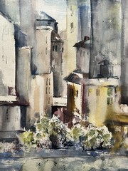 Mid Century 60s Adele Hepbron AWS Signed Modernist Cityscape Watercolor Painting