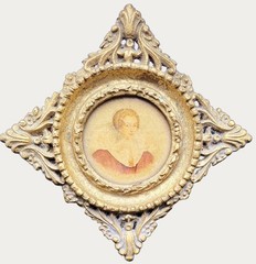 ANTIQUE ITALIAN MINIATURE DRAWING WOMAN PORTRAIT, GILDED WOOD FLORENTINE FRAME g