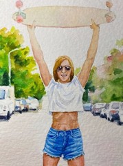 Watercolor Painting Girl Skateboard Sport Street City Nature ACEO Art ||