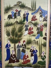 Moghul Persian Gouache Art: Scene Of Women Under A Tent And On Horseback