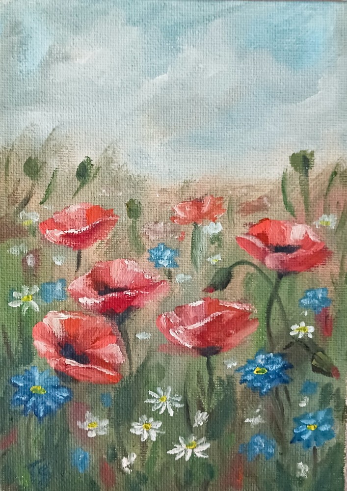 Wildflowers ORIGINAL Oil Painting Vintage Floral Poppy Flowers 5″x7″