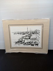 Print Sketch Algarve Tipoco Portugal Boats At Dock Signed Julio Amaro P14