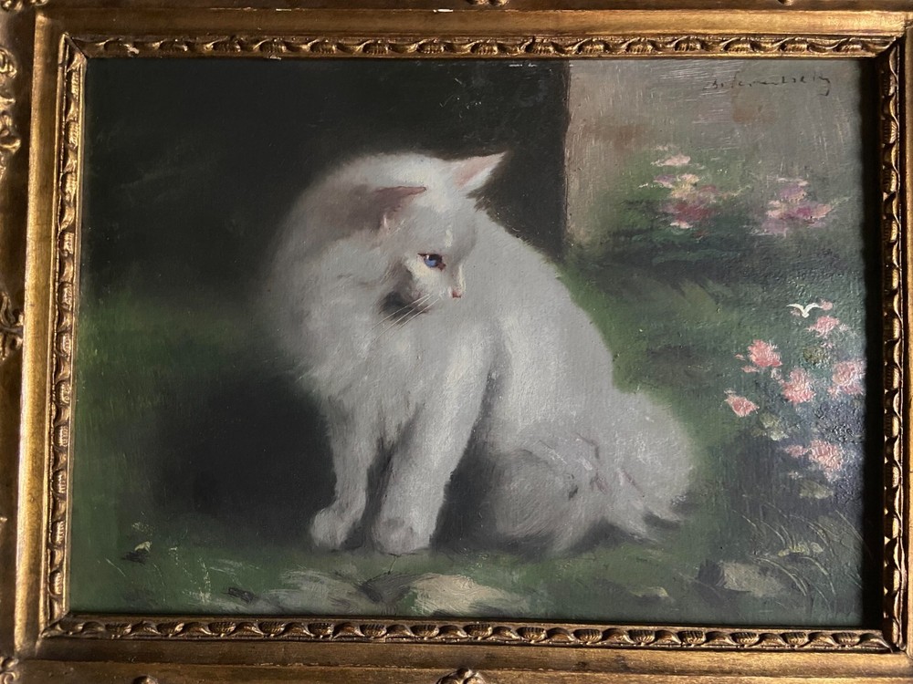 Beno Boleradszky ( 1885- ) – White persian cat – Antique painting